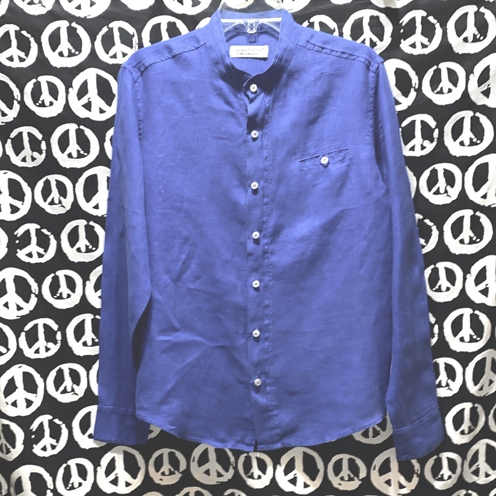 MEN HARIS COTTON 100% LINEN LONG SLEEVE BLUE BUTTON DOWN SHIRT SZ S